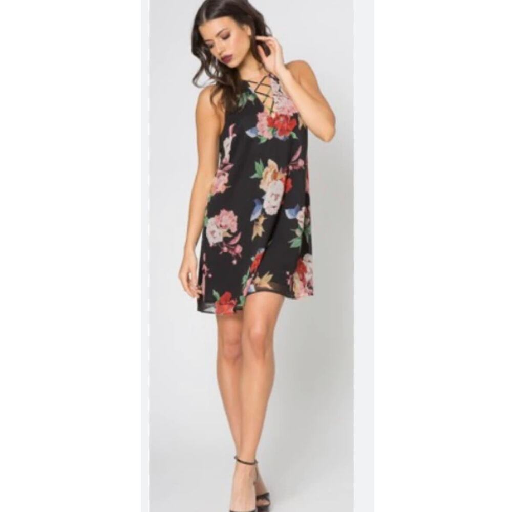 Lavender Brown Sleeveless Mini Dress Black Floral Print S